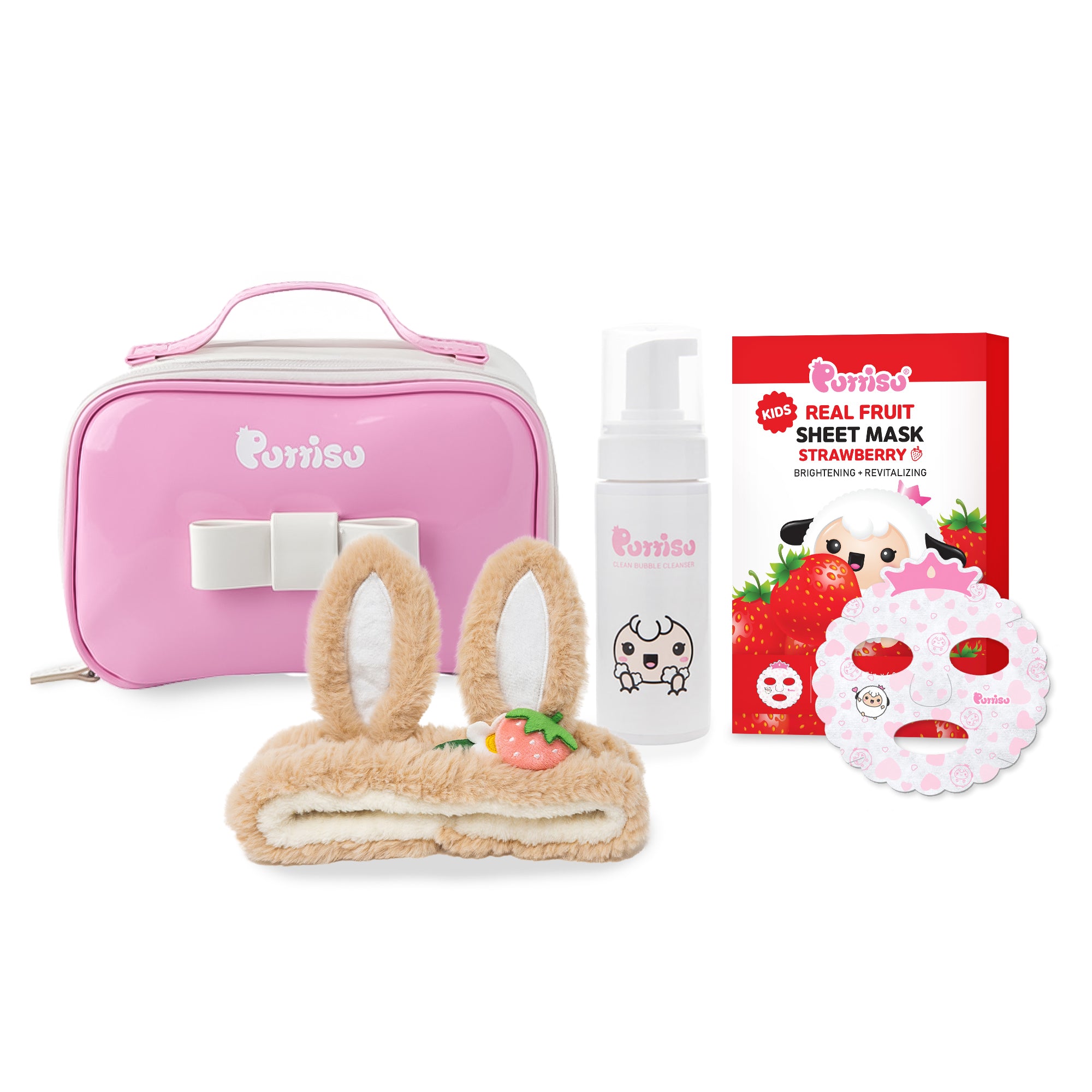 Collection of Puttisu cosmetic gift set including a pink beauty girl pouch, plush face wash spa headband, clean bubble foam cleanser, and kids' real fruit strawberry cotton sheet masks on a white background.