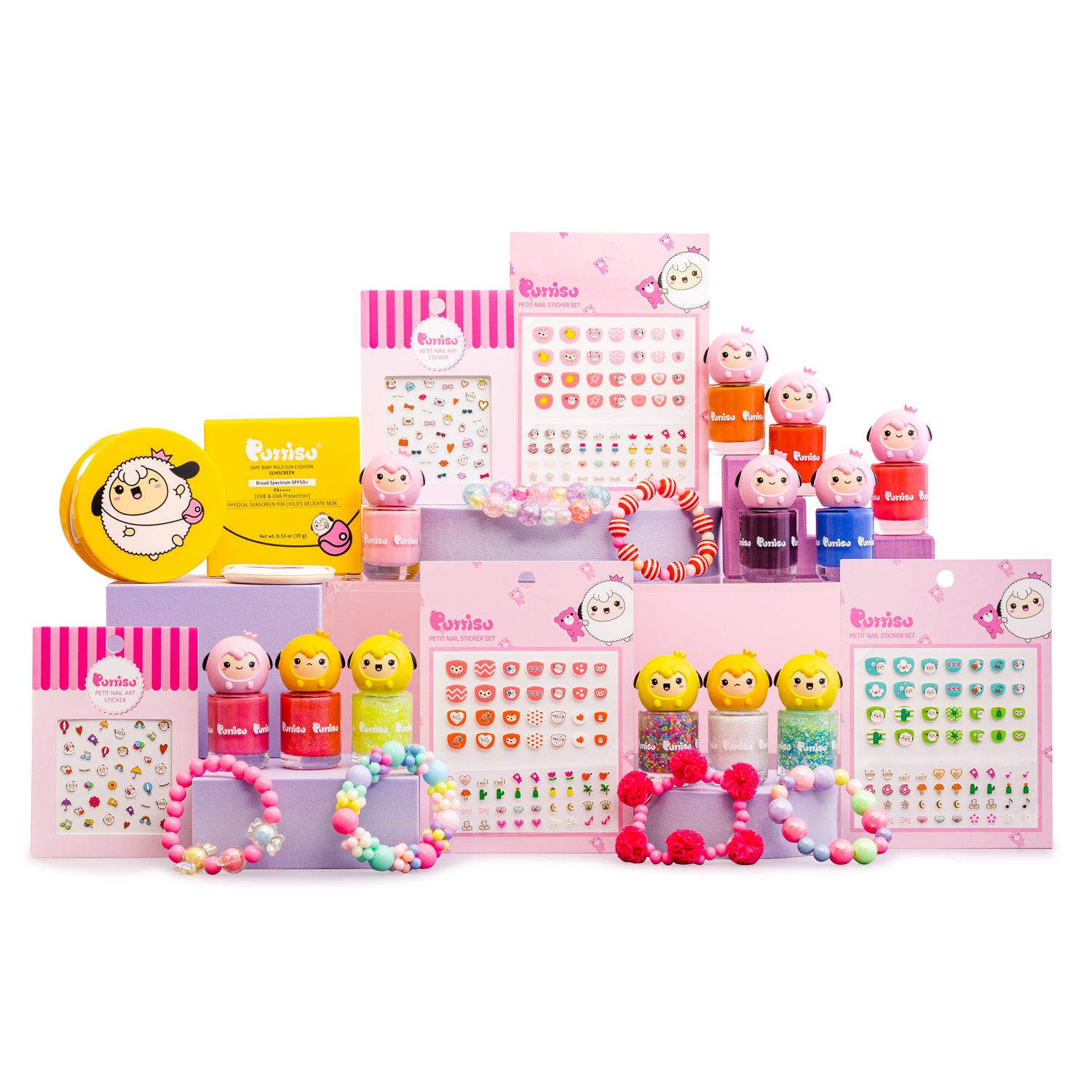 A collection of children's nail art and cosmetics, including nail polish, sticker sets, bracelets, and sunscreen, all displayed against a white background