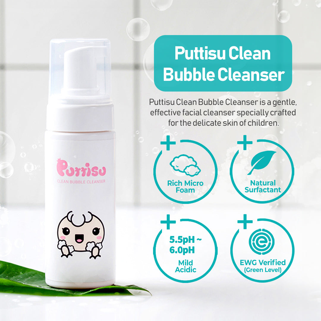White bottle of "Puttisu Clean Bubble Cleanser" with a baby cartoon on the label, surrounded by product benefit icons.