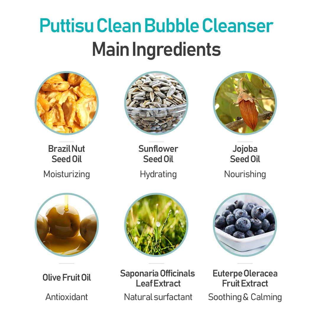 Close-up of the main ingredients in Puttisu Clean Bubble Cleanser, including brazil nut, sunflower, and jojoba seed oil; olive fruit oil; saponaria officinalis leaf extract; and euterpe oleracea fruit extract.
