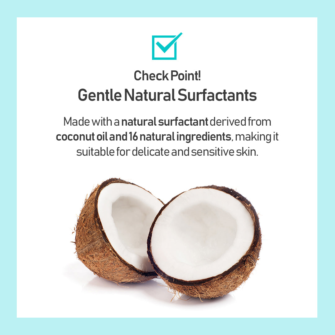 Product image with a checkmark and text above two halves of a coconut.