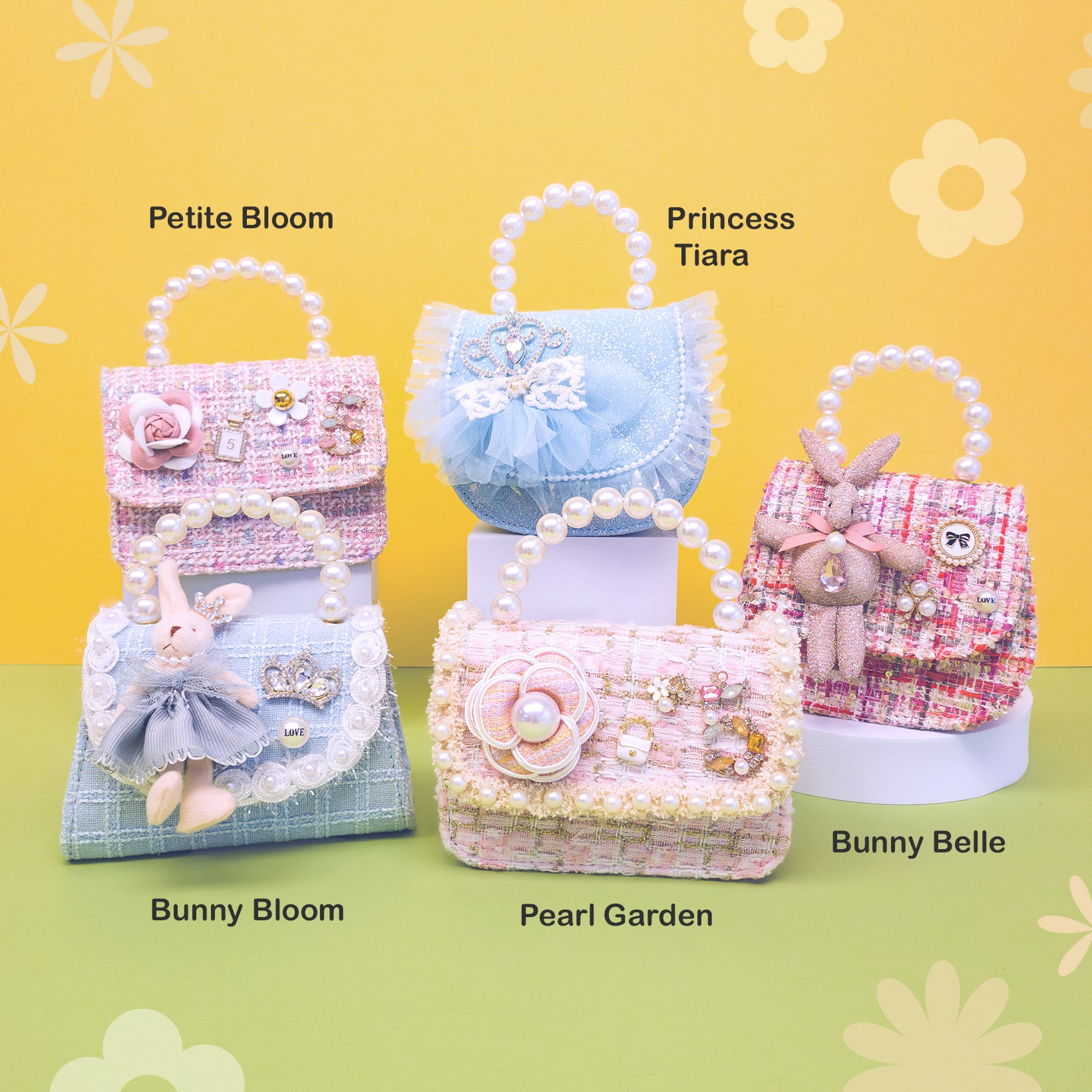 Five decorative bags labeled 'Petite Bloom', 'Princess Tiara', 'Bunny Bloom', 'Pearl Garden', and 'Bunny Belle' on a yellow and green background.