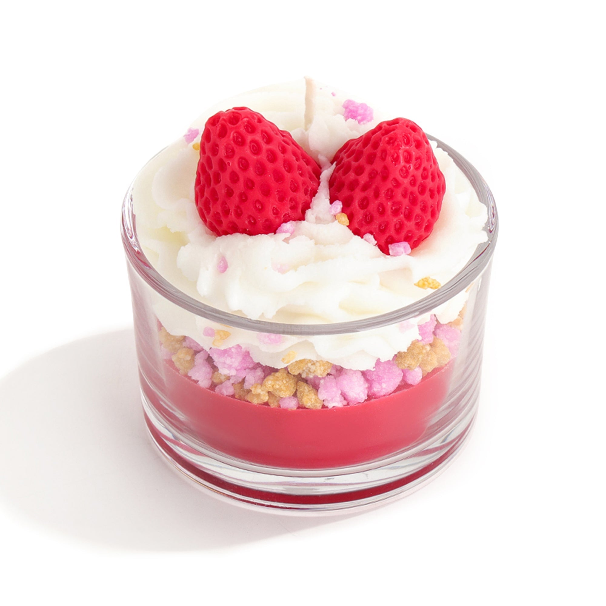 Strawberry cream confetti soy wax candle by Mels Candles in a clear glass dessert cup.