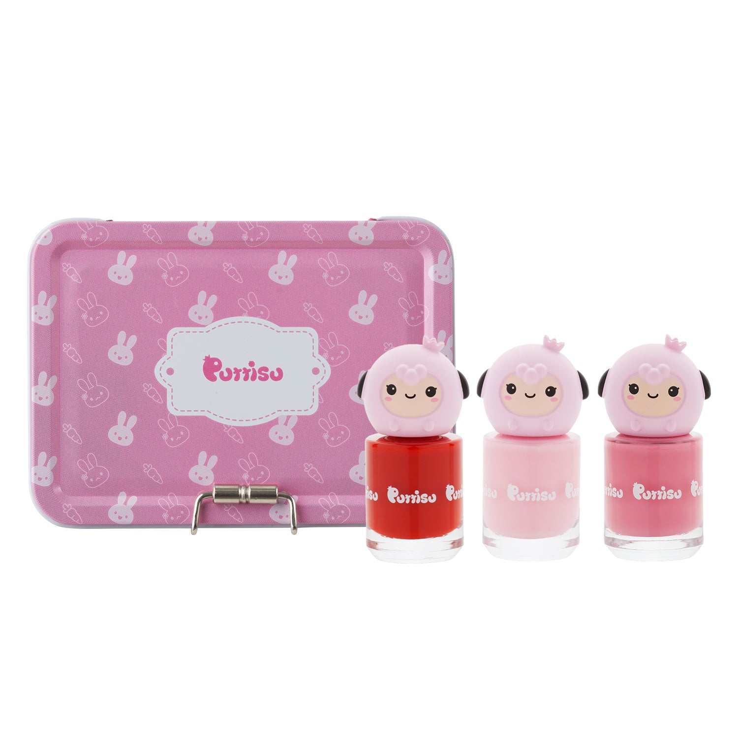 Pink tin box with bunny pattern, three sheep-topped nail polish bottles.