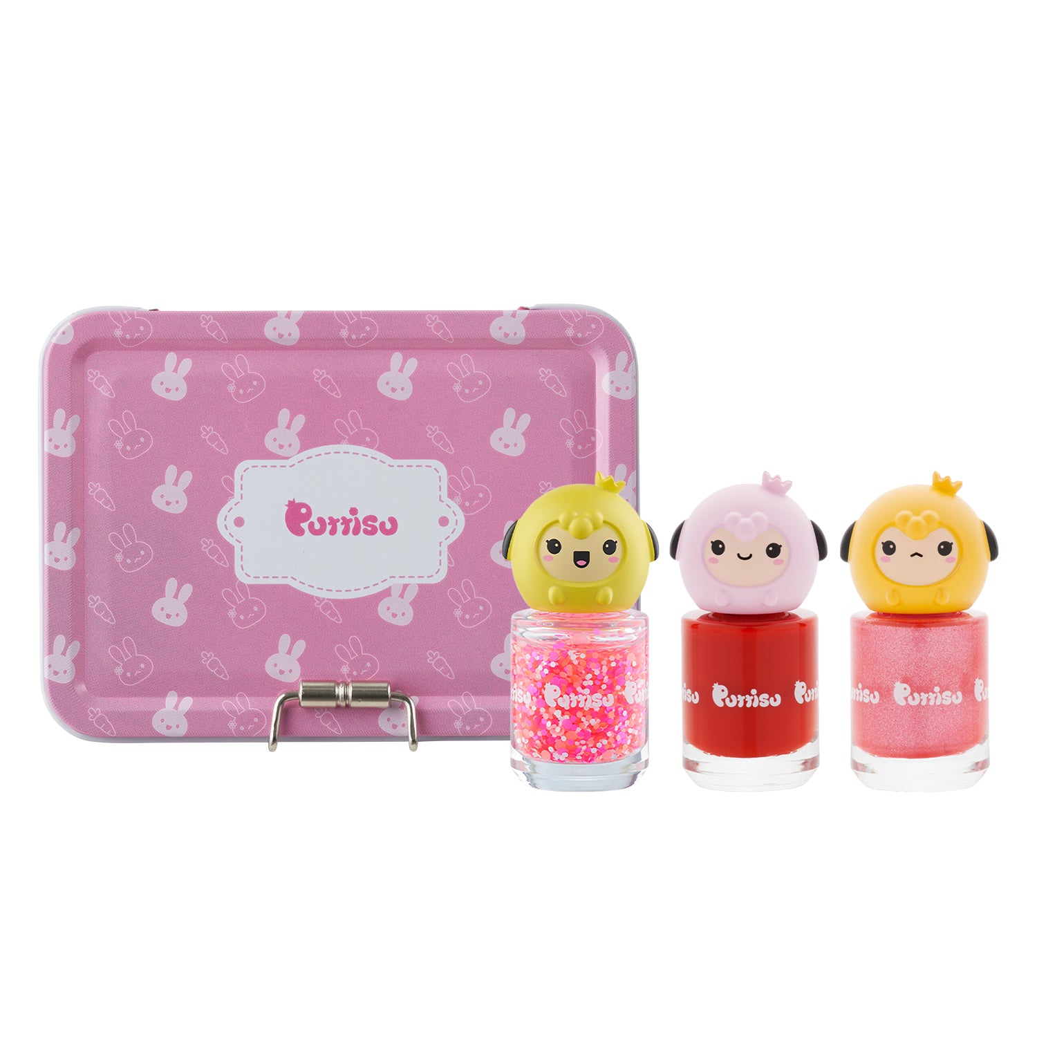 A pink metal case with rabbit and carrot patterns, and three bottles of nail polish topped with cartoon animal characters.