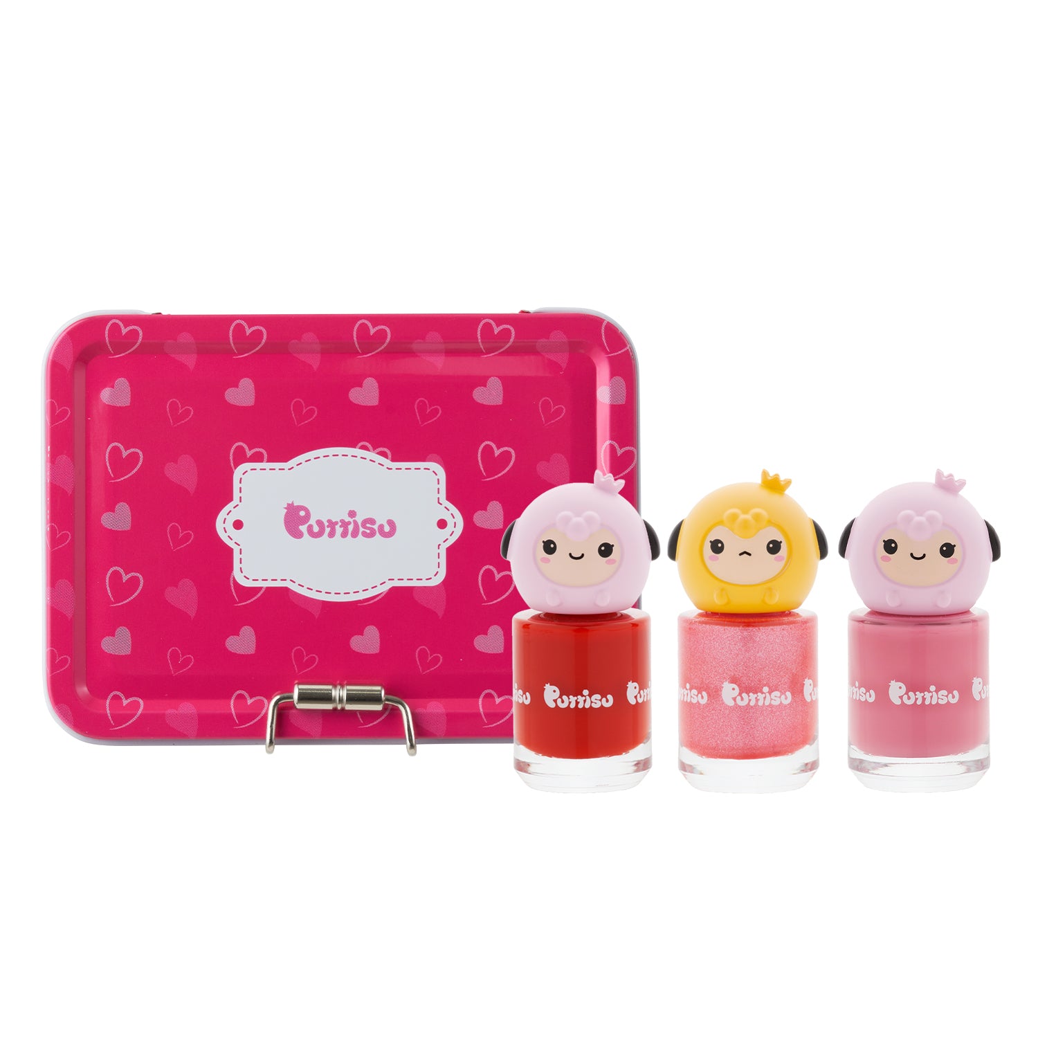 Pink tin box with heart pattern, and three sheep-shaped nail polish bottles.