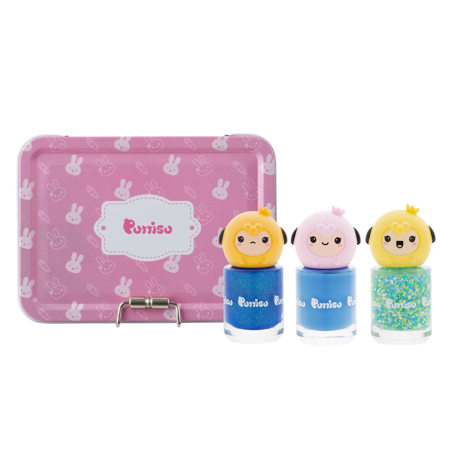 Pink and white tin lunchbox with bunny and carrot print next to three nail polish bottles with cartoon sheep toppers.
