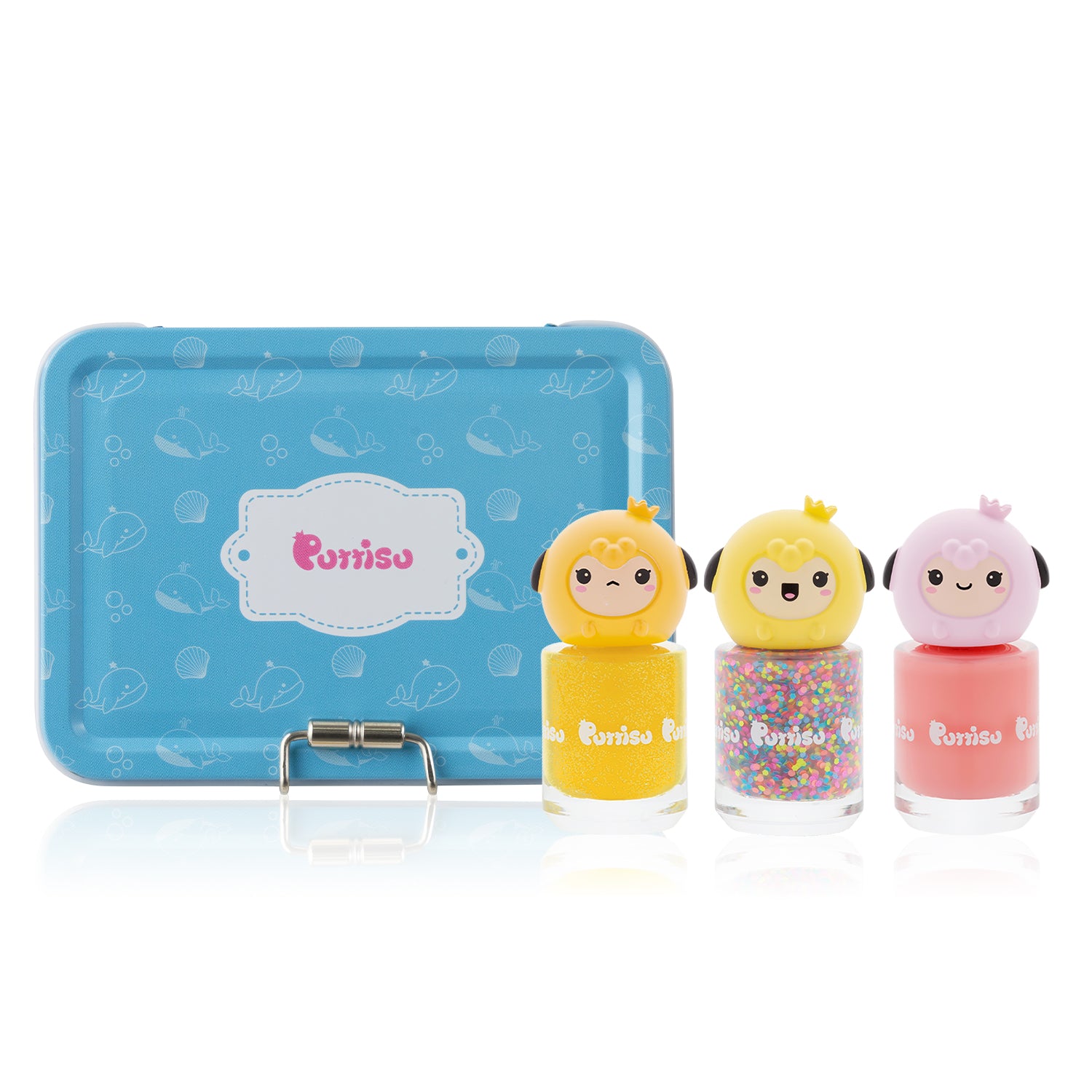 Three cartoon sheep-topped nail polish bottles in a blue suitcase.