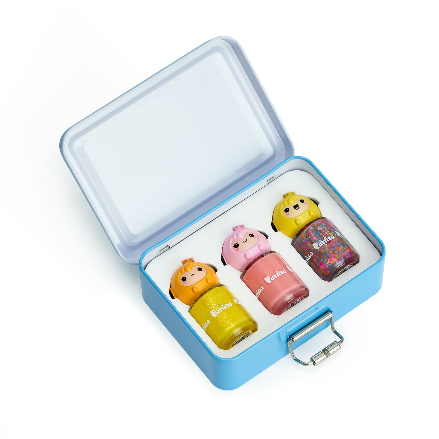 A blue metal box with three novelty-shaped nail polish bottles.