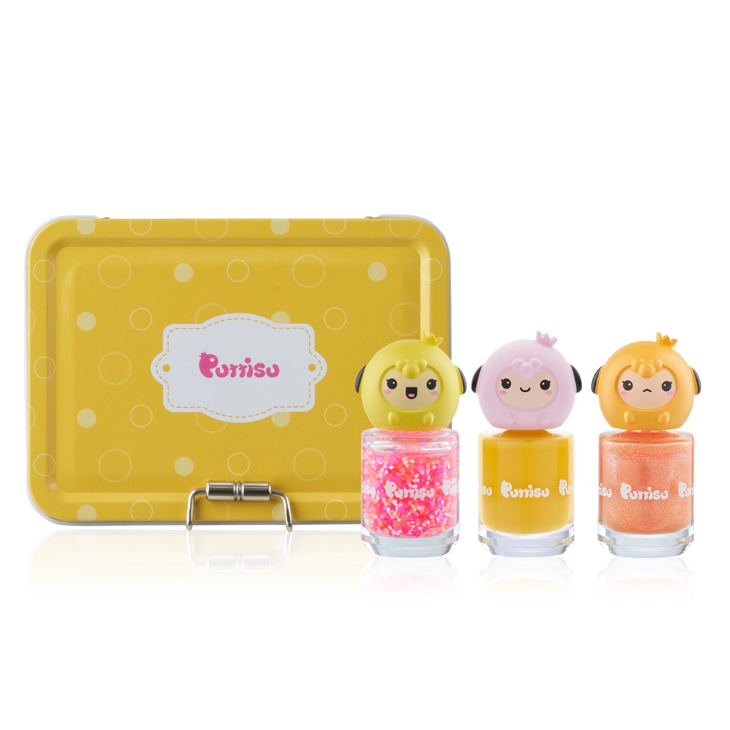 Three bottles of colored nail polish with cartoon sheep toppers, and a matching yellow carrying case.