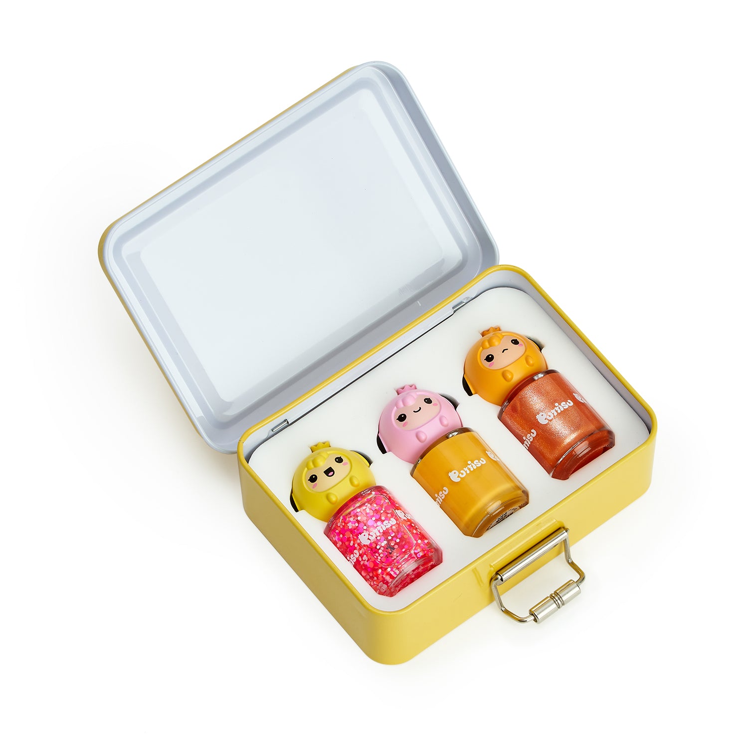 Open yellow tin containing three bottles of colorful nail polish with cartoon-like caps.