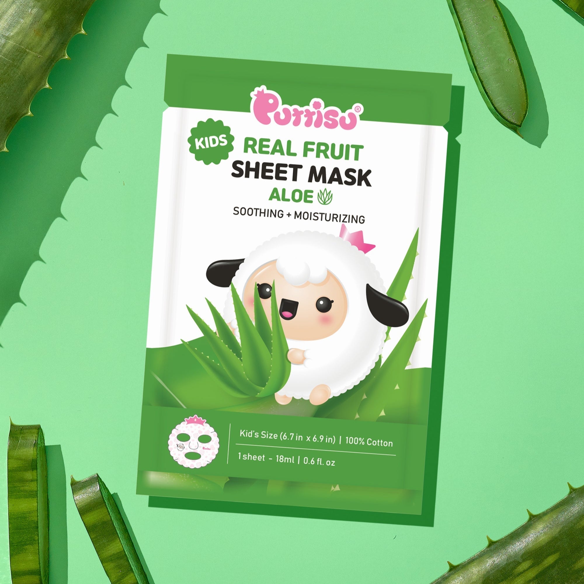Puttisu Real Fruit Kids Sheet Mask Aloe, with white Puttisu sheep character design on a green background and sliced aloe.