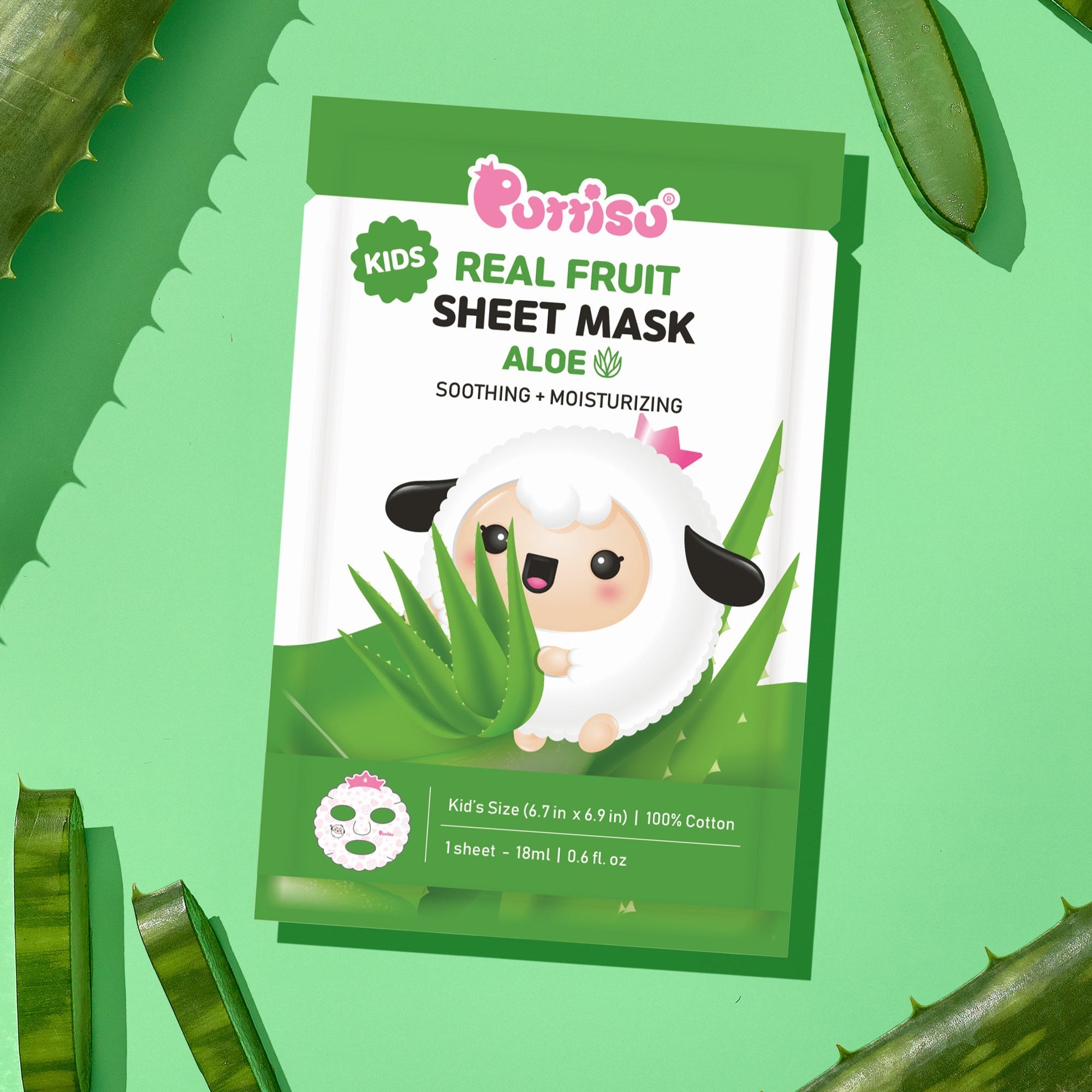 Purito Kids Real Fruit Sheet Mask Aloe on a green background with aloe vera leaves.