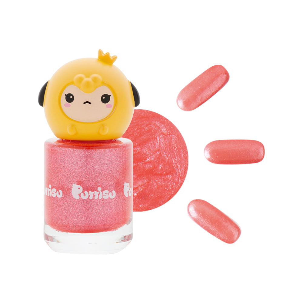 Pink glitter nail polish with a yellow cartoon character cap.