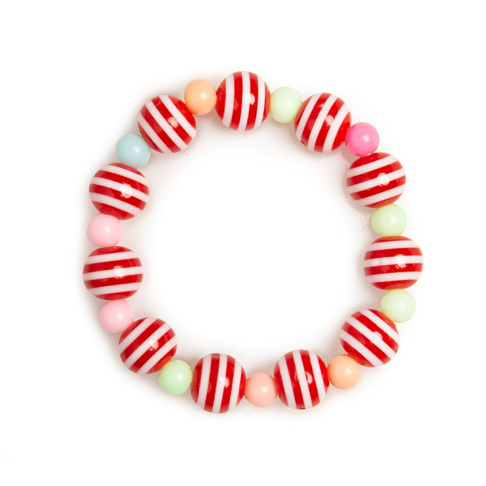 Beaded bracelet with red and white striped beads and small pastel colored beads.