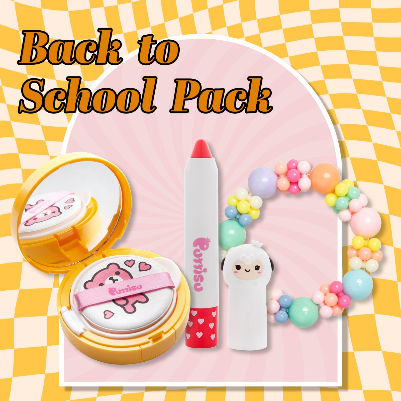 A "Back to School Pack" featuring makeup and accessories in pastel colors, including a compact, lip crayon, sheep-shaped container, and beaded bracelet.