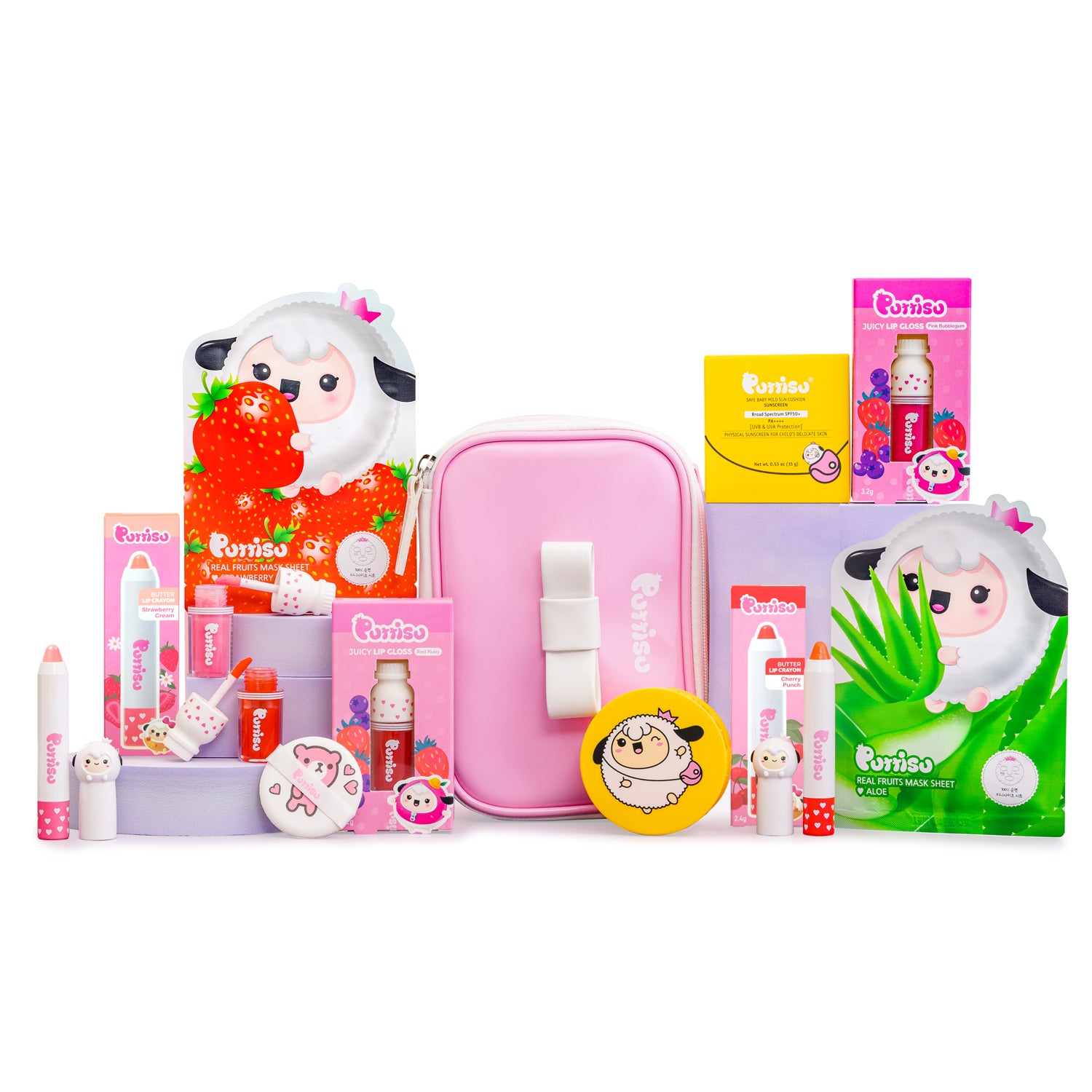 Cosmetic and skincare products in colorful packaging with cartoon sheep characters.
