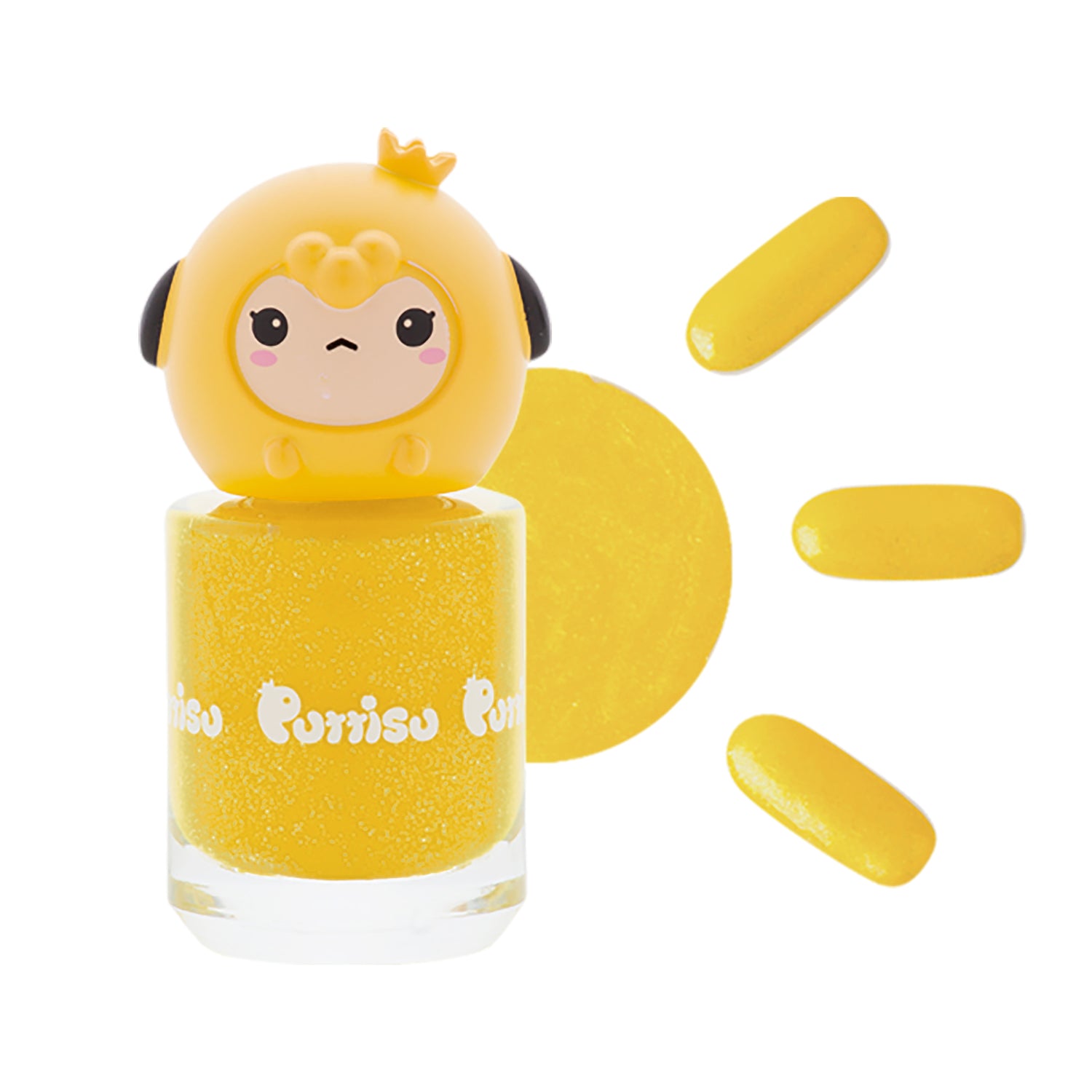 Yellow nail polish with a cute monkey-shaped cap, shown with sample colors.