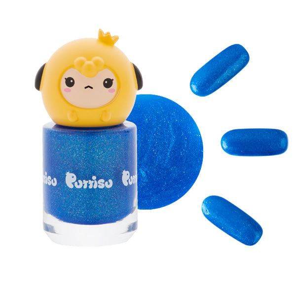 Blue glitter nail polish with a yellow cartoon animal cap.