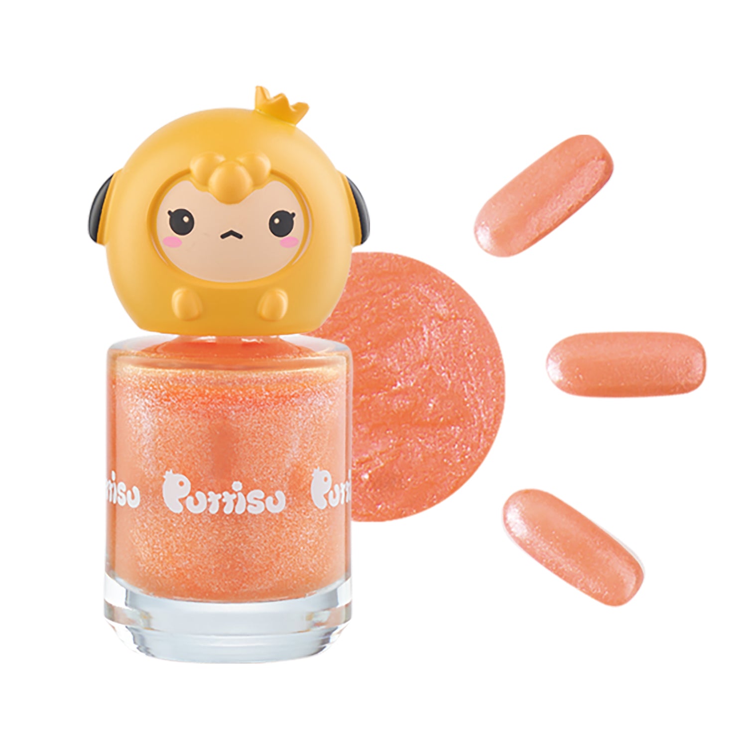 A bottle of shimmery orange nail polish with a yellow cartoon character lid, presented with swatches.