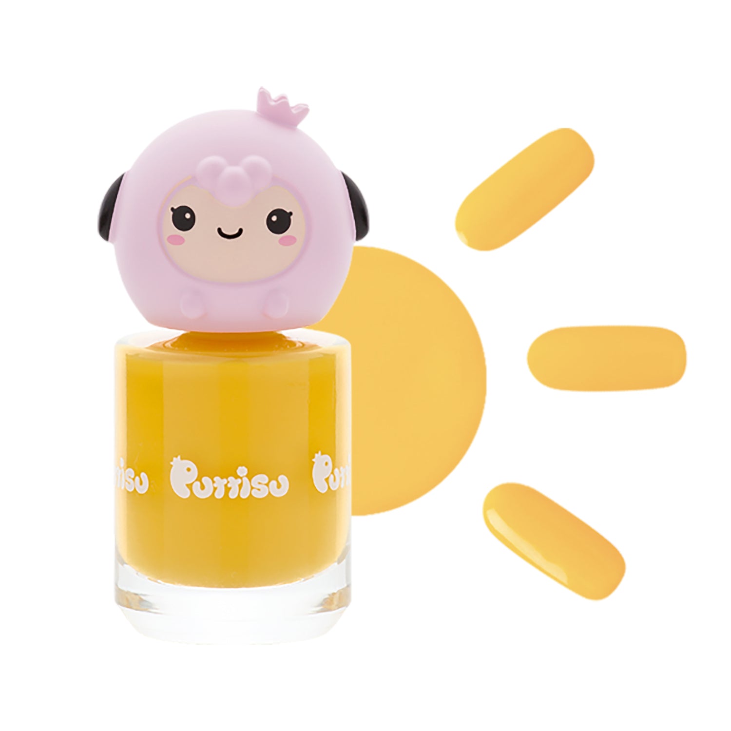 Yellow nail polish with a pink sheep cap.