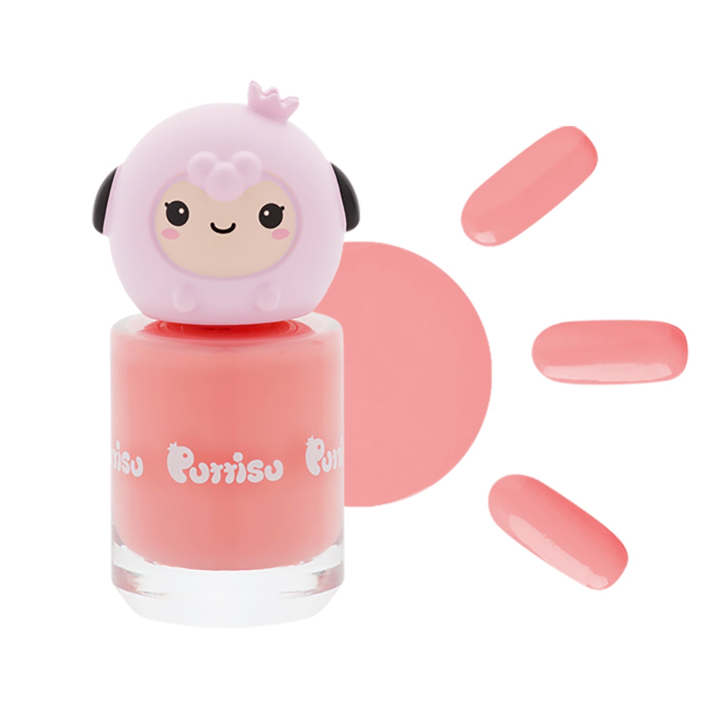 Pink nail polish bottle with a cartoon lamb character on top. Three glossy pink nail swatches.