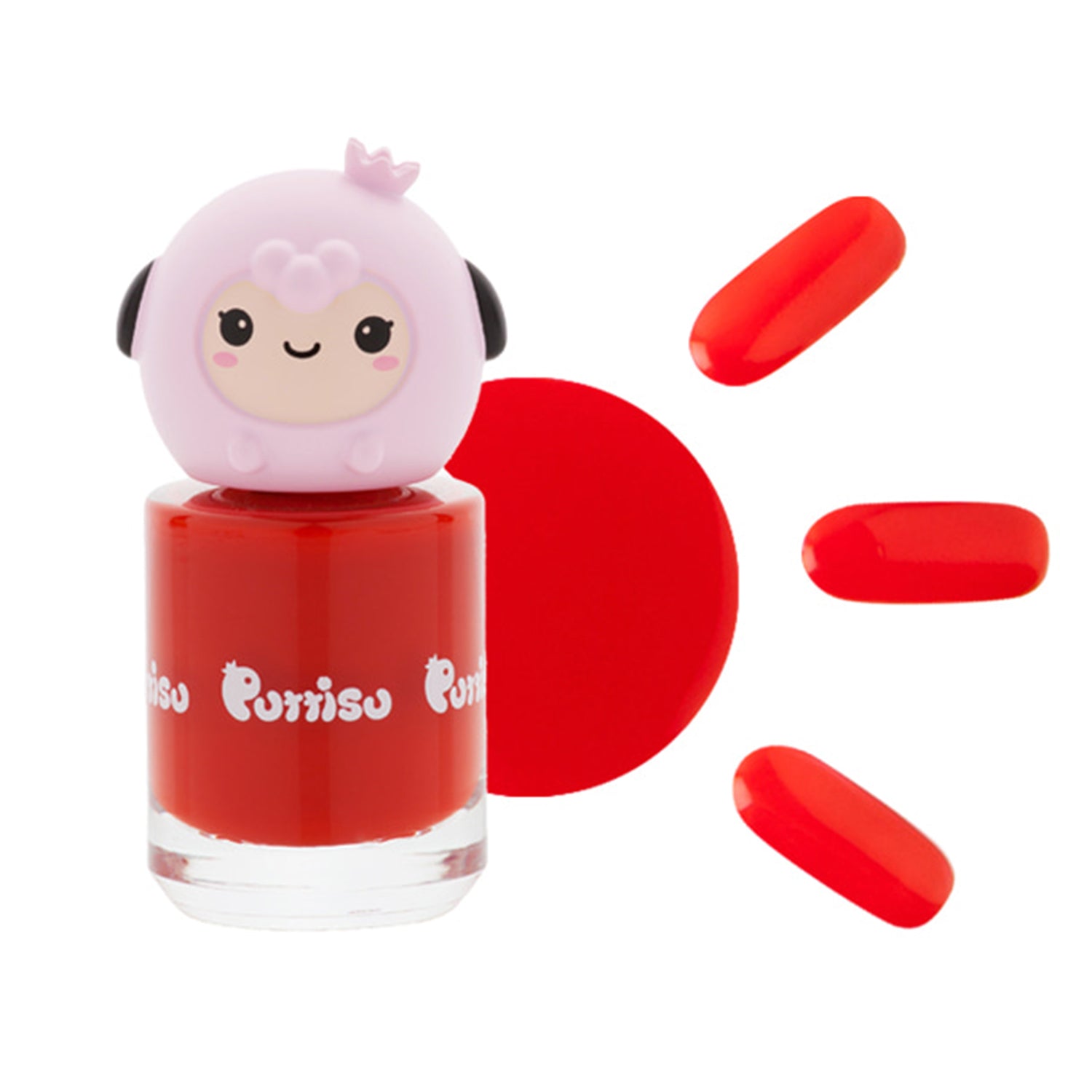 Red nail polish with a pink sheep-shaped topper, alongside drops of red polish.