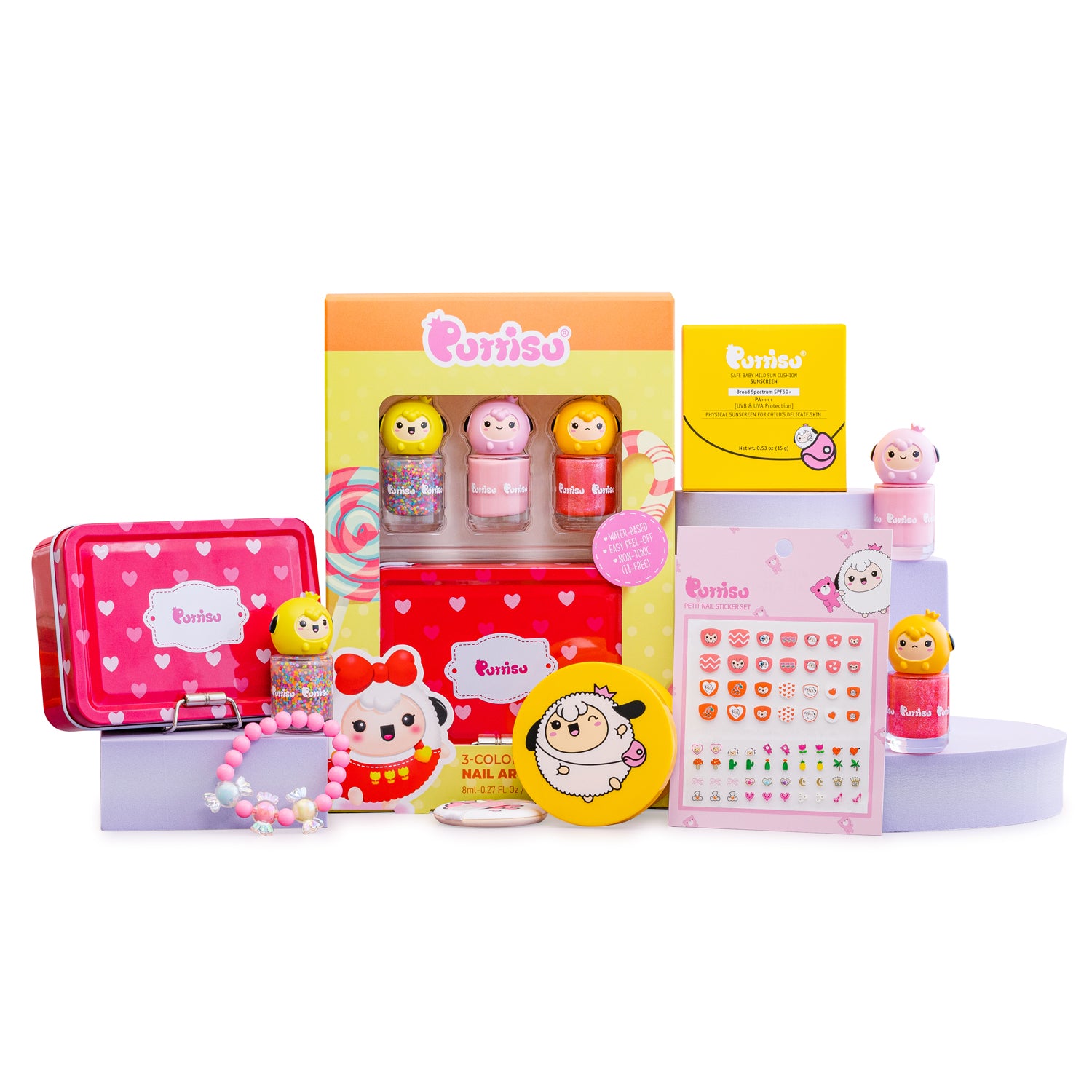 An assortment of children's nail care products featuring the brand "Porriso", including nail polishes with character-shaped caps, nail stickers, sunscreen, and accessories, arranged on purple platforms.