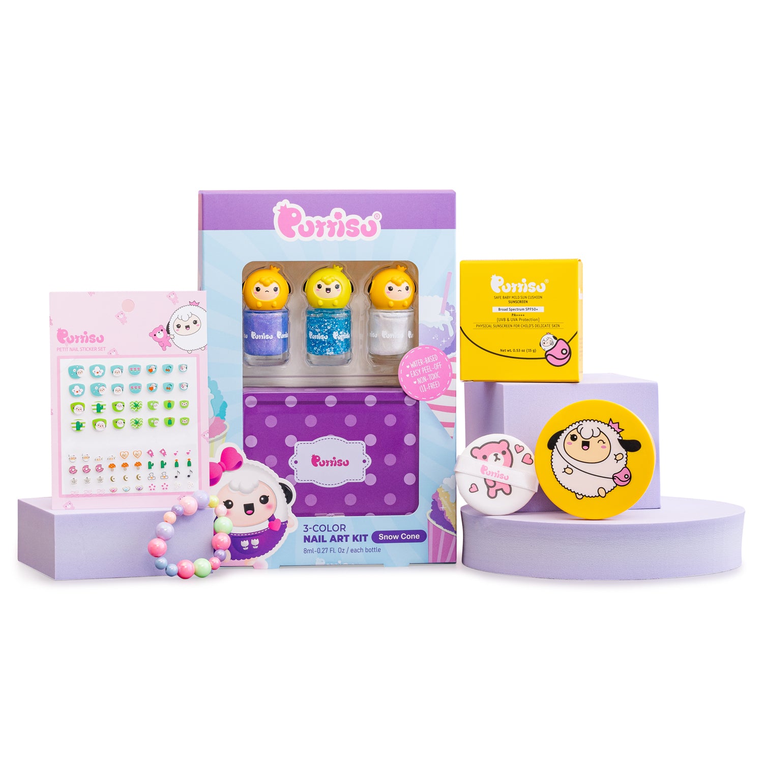A collection of children's beauty products by Puriso, including nail polish, sunscreen, nail stickers, and a bracelet, arranged on lavender platforms.