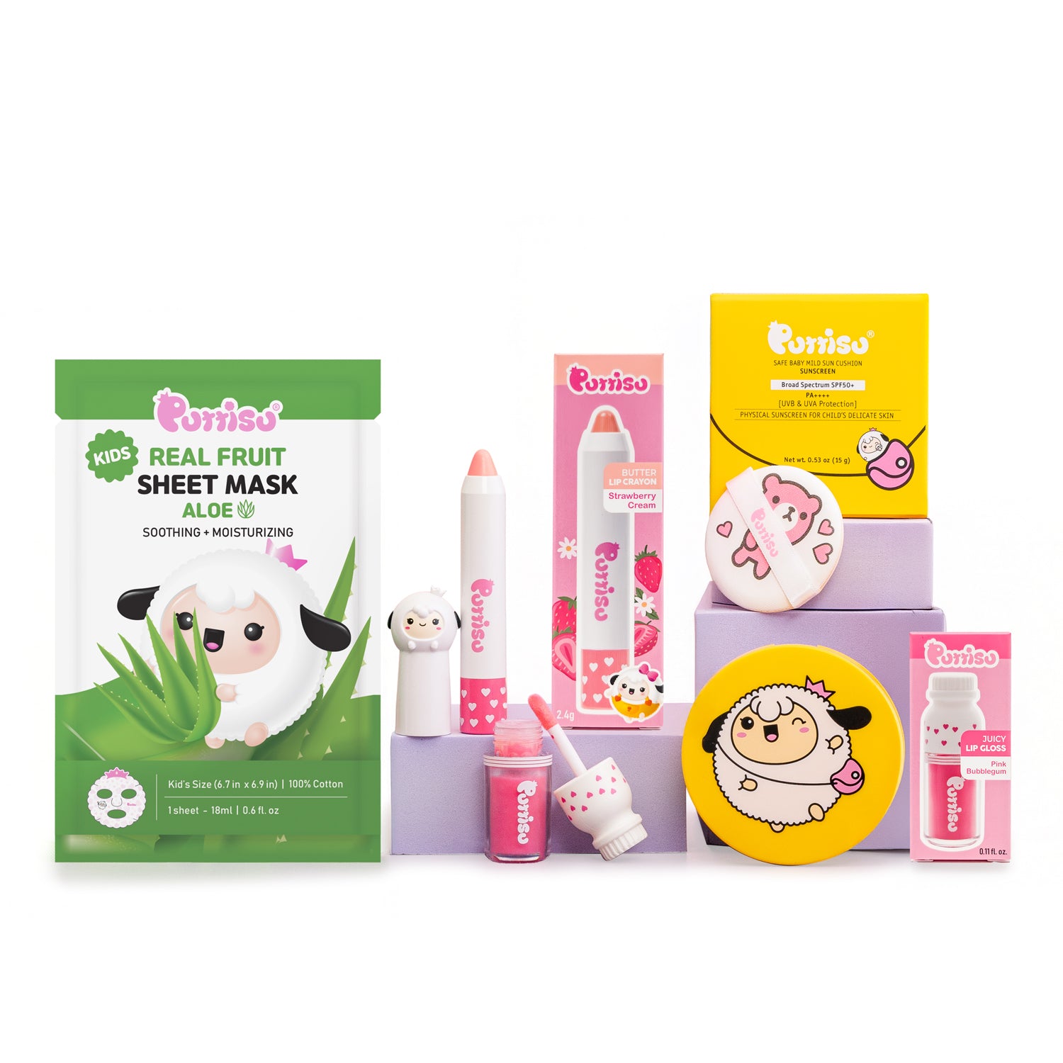 Collection of Puttisu skincare products with cute animal white lamb design on a white background