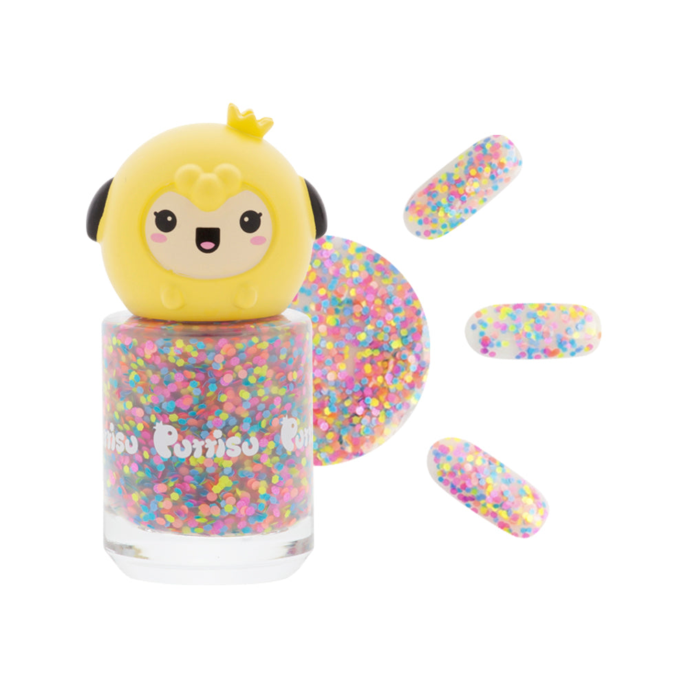 Colorful glitter nail polish with a yellow character cap.