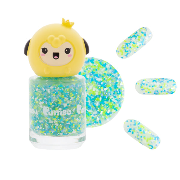 Nail polish bottle with cartoon character topper, confetti nail polish, nail swatches.