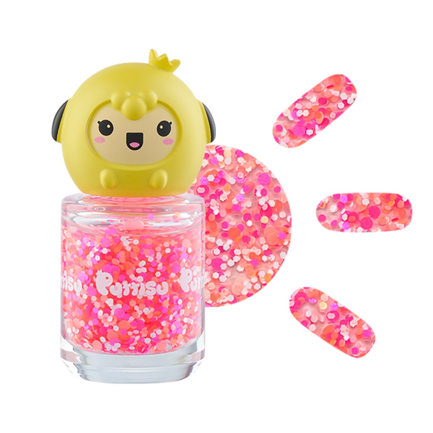 Nail polish bottle with yellow cartoon character top. Pink and orange glitter polish.