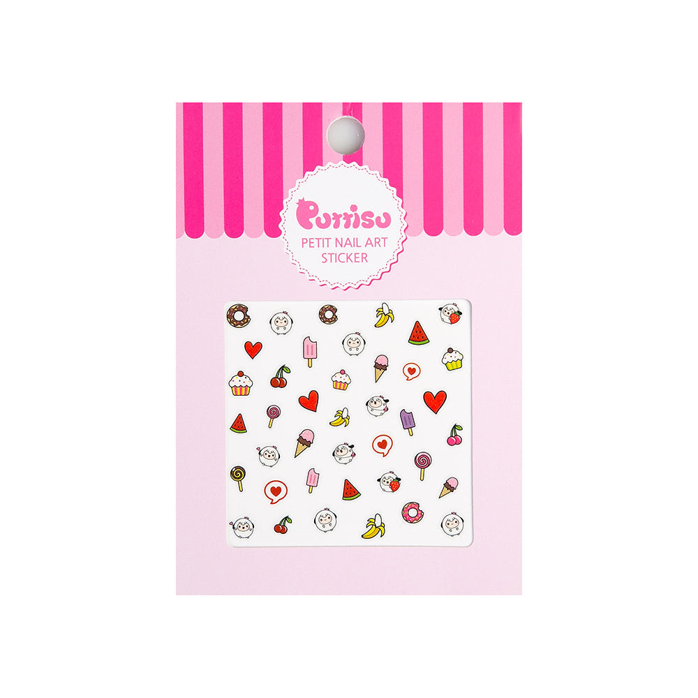 Pack of "Purisu" petit nail art stickers featuring images of desserts, fruits, and cute animal faces.
