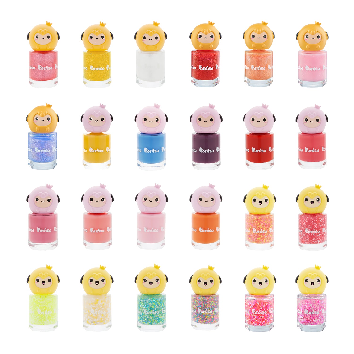 Assorted nail polish bottles with character caps.