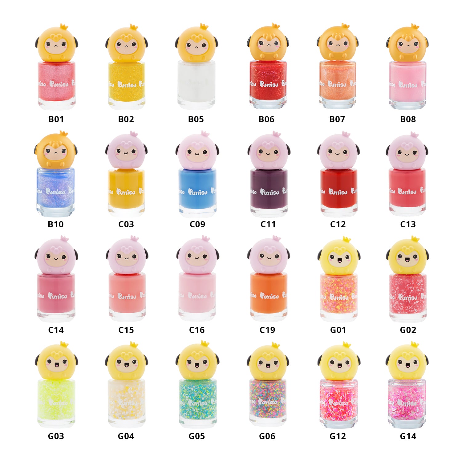 Colorful nail polish bottles with cartoon sheep on the caps.