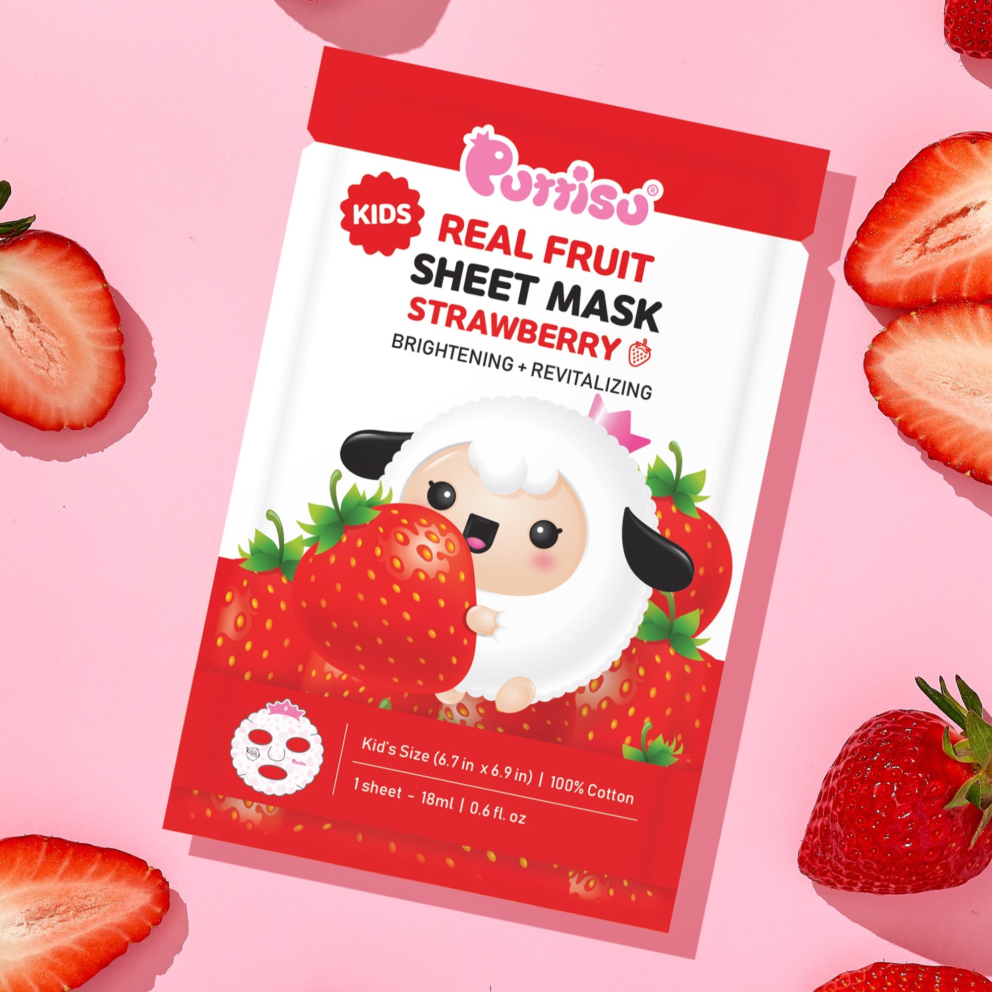A strawberry-themed sheet mask for kids, featuring a cute sheep cartoon character.