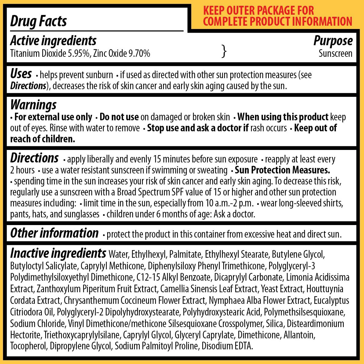 Sunscreen product label detailing active and inactive ingredients, usage directions, and warnings.