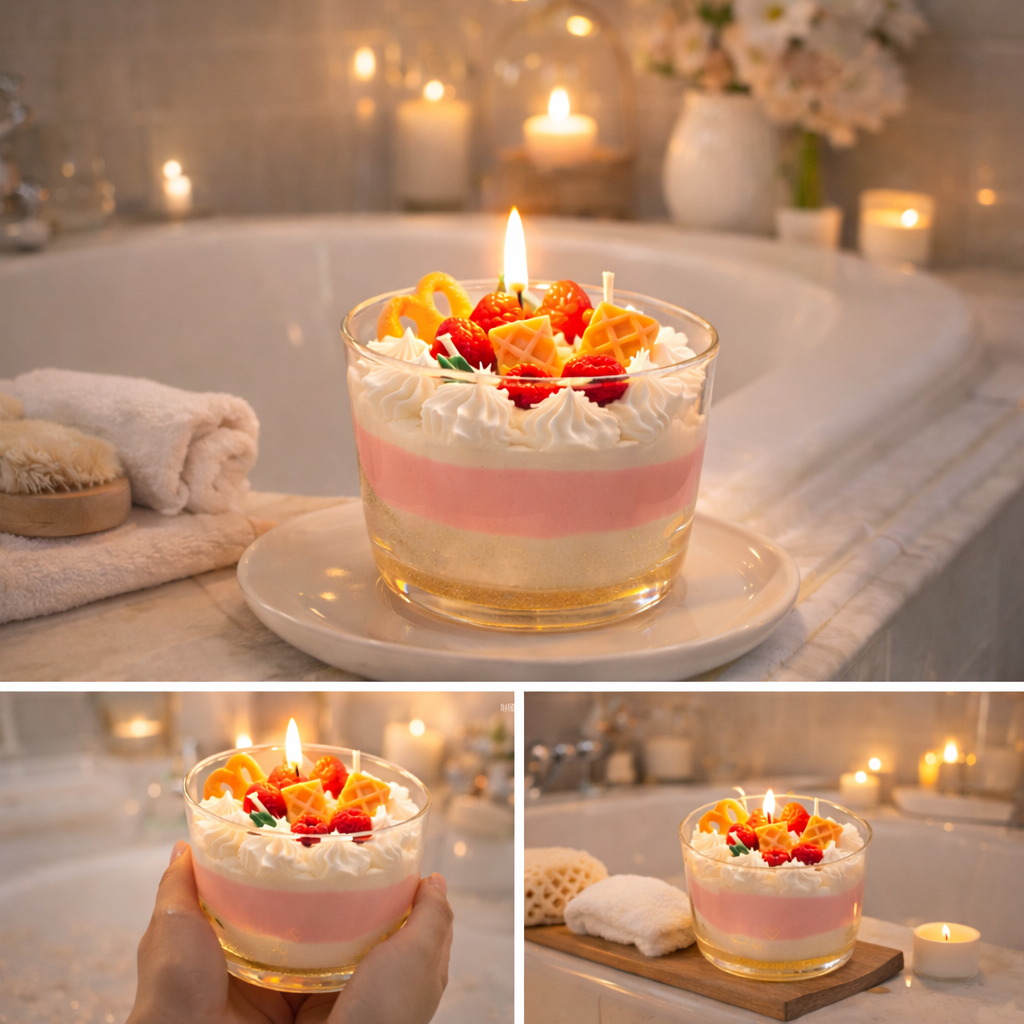Jellycup cake soy wax candle - vanilla berry cream, with cake decorations on top, placed on a plate.