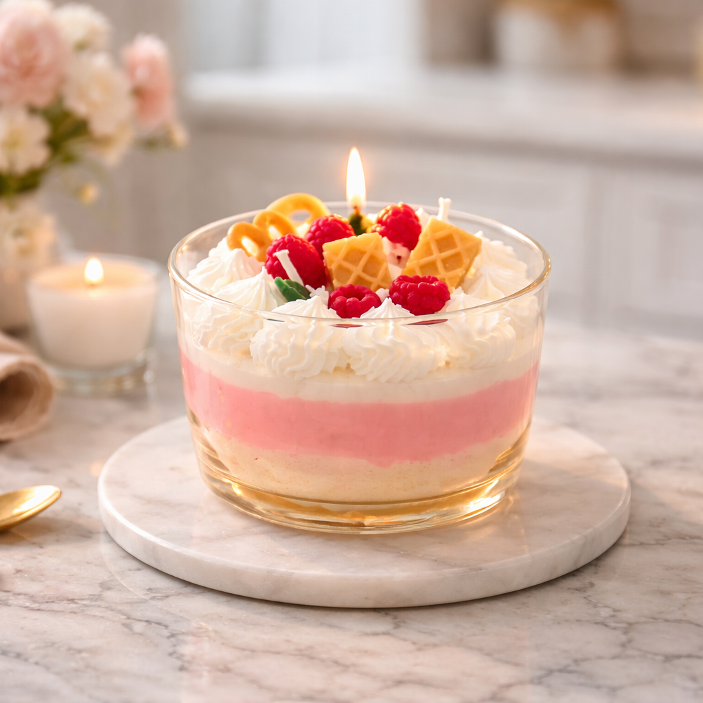 Vanilla berry cream cake soy wax candle with a lit wick, from Antique Candle Co., decorated with raspberries, whipped cream, and waffles.