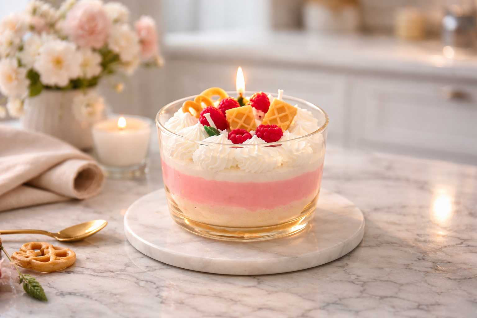 Jellycup cake soy wax candle - vanilla berry cream with pretzel and waffle toppings.