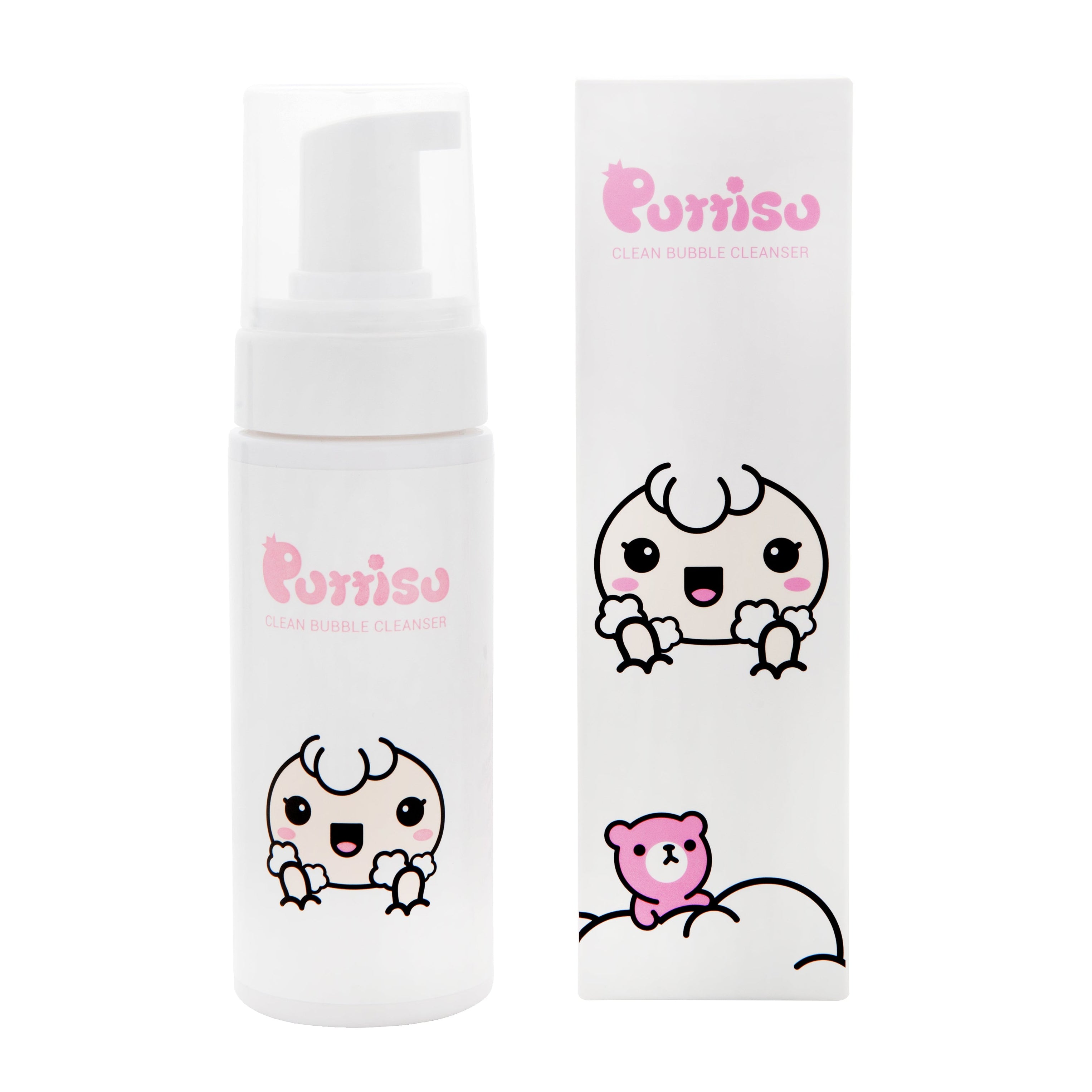 Product shot of a white bottle with a pump-style dispenser and a white product box with a pink logo and cartoon baby.