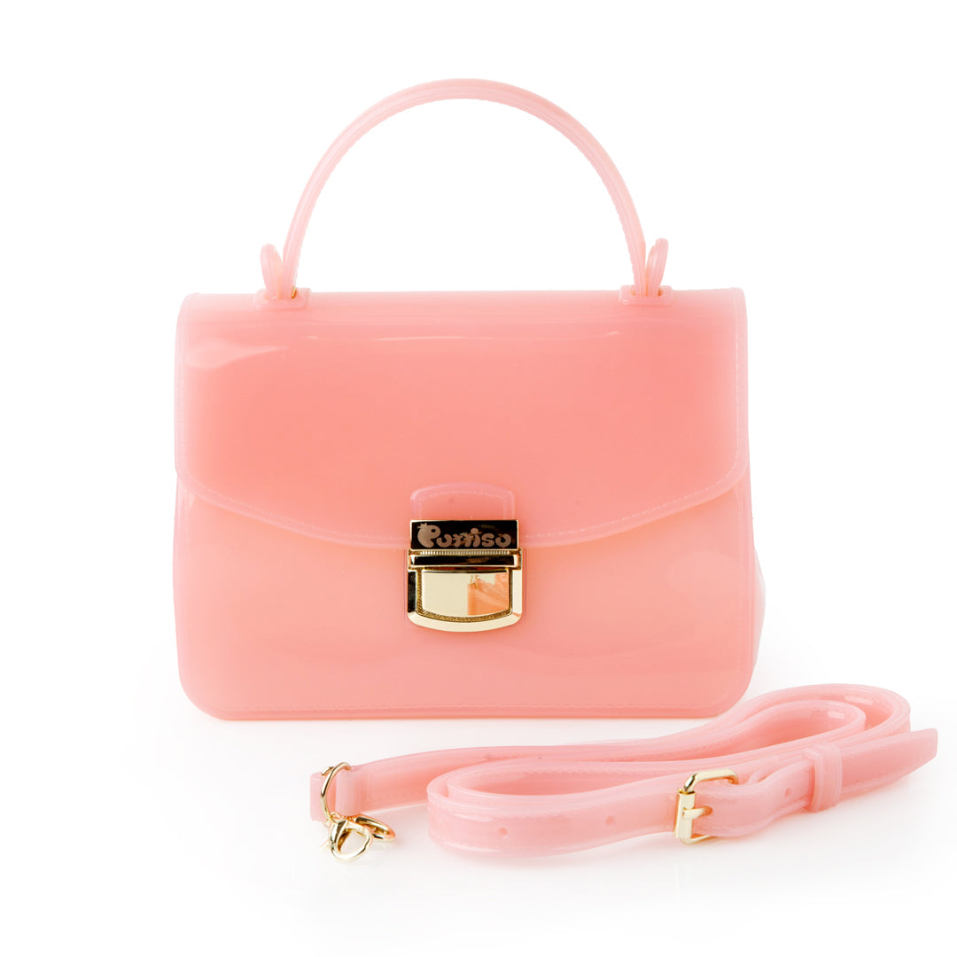 Pink jelly purse with gold hardware.
