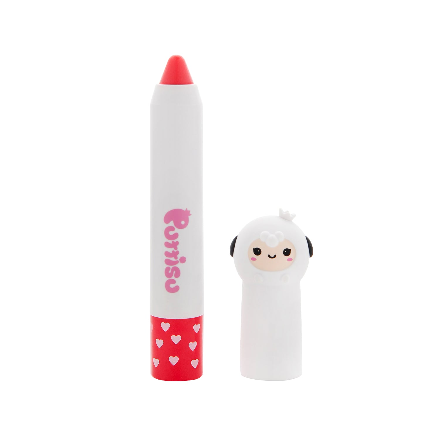 A white crayon-like container with a red tip and hearts and a cute sheep-shaped cap.