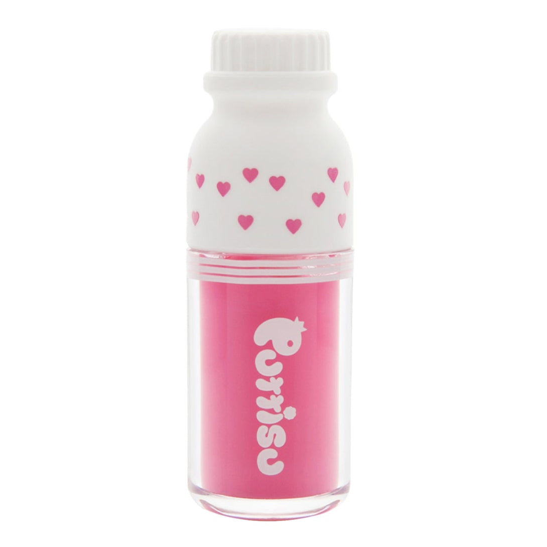 A lip tint in a plastic container shaped like a milk bottle with pink hearts.