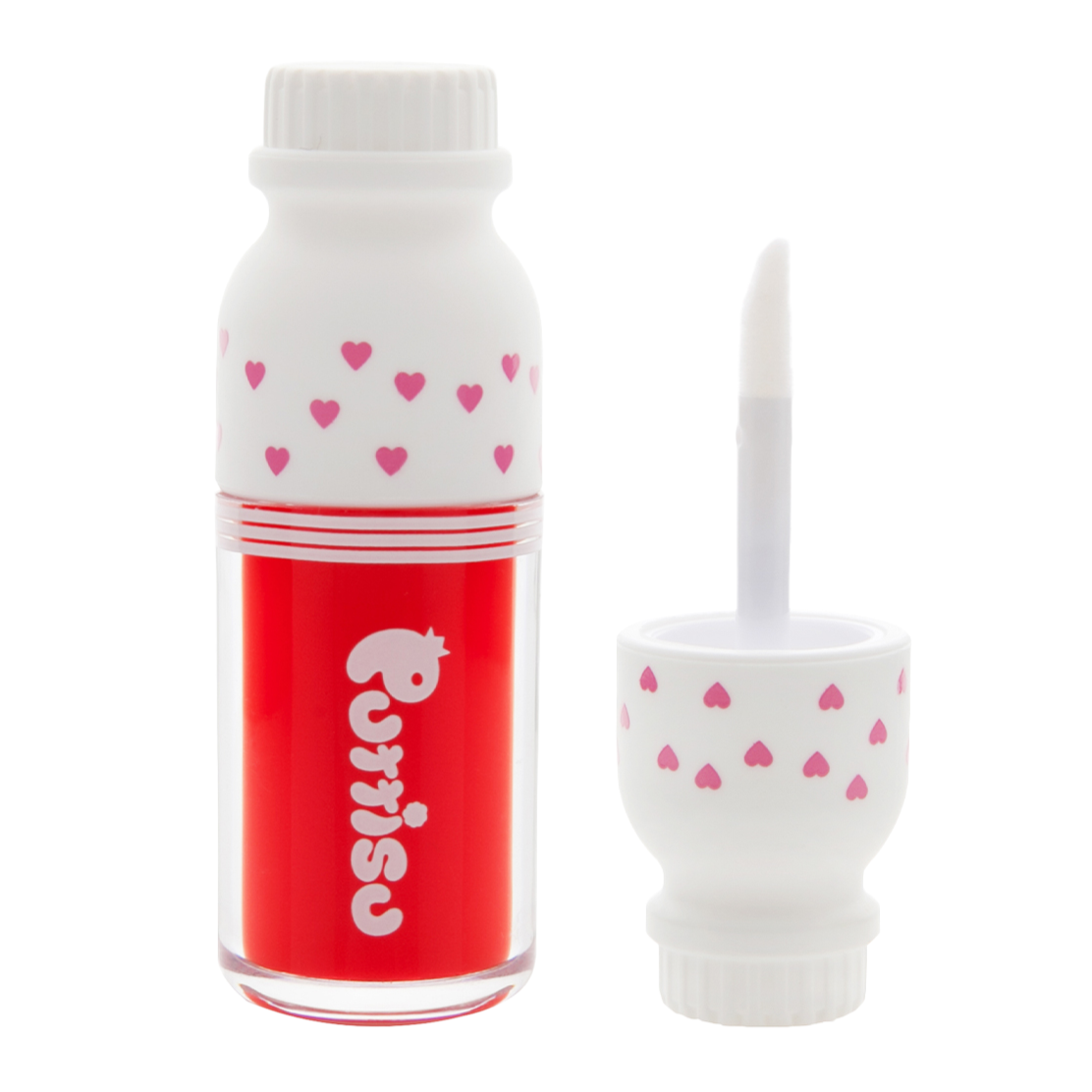 White lip tint bottle with pink hearts, with applicator wand.