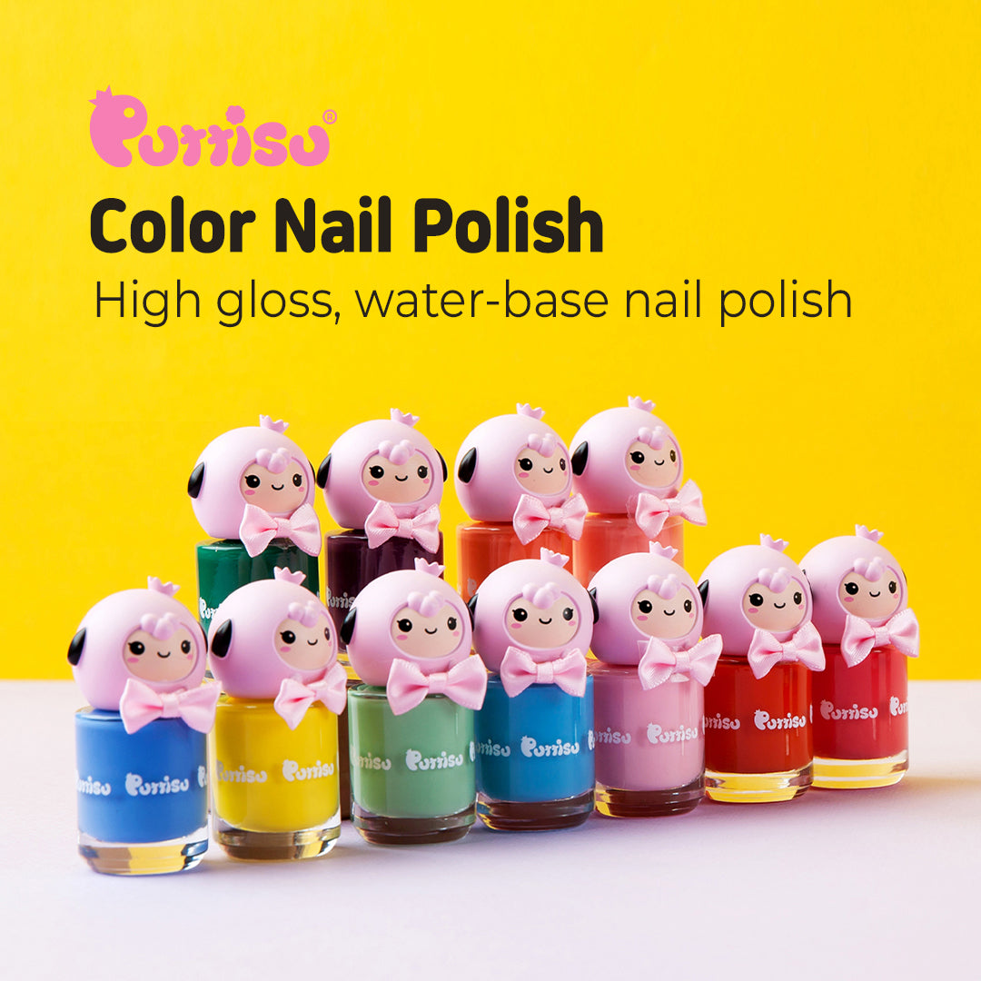 An assortment of colorful, glossy, water-based nail polish bottles with pink, lamb-like caps on a yellow background.