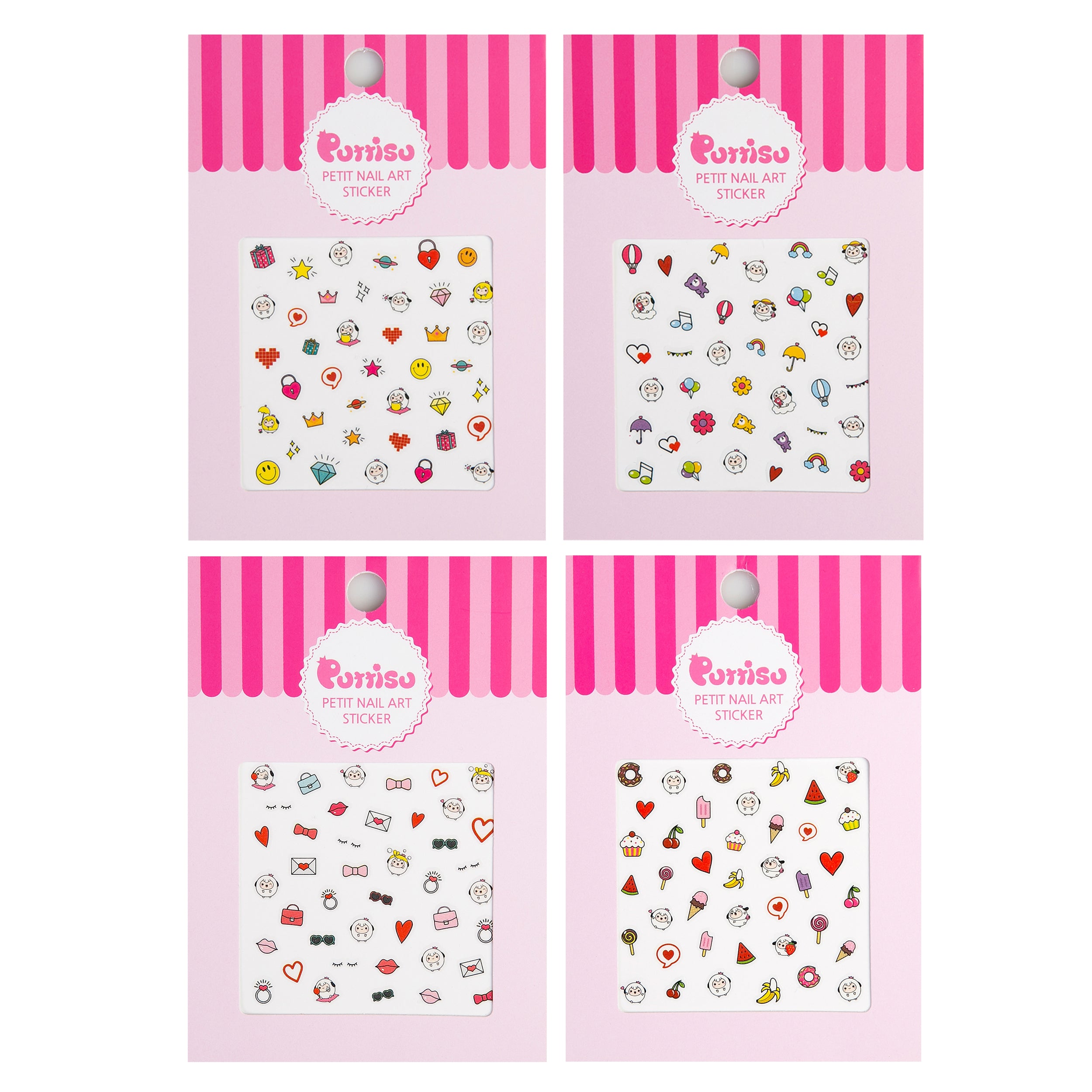 Four sets of Purriso nail art stickers with pink striped backgrounds and white peg holes at the top.