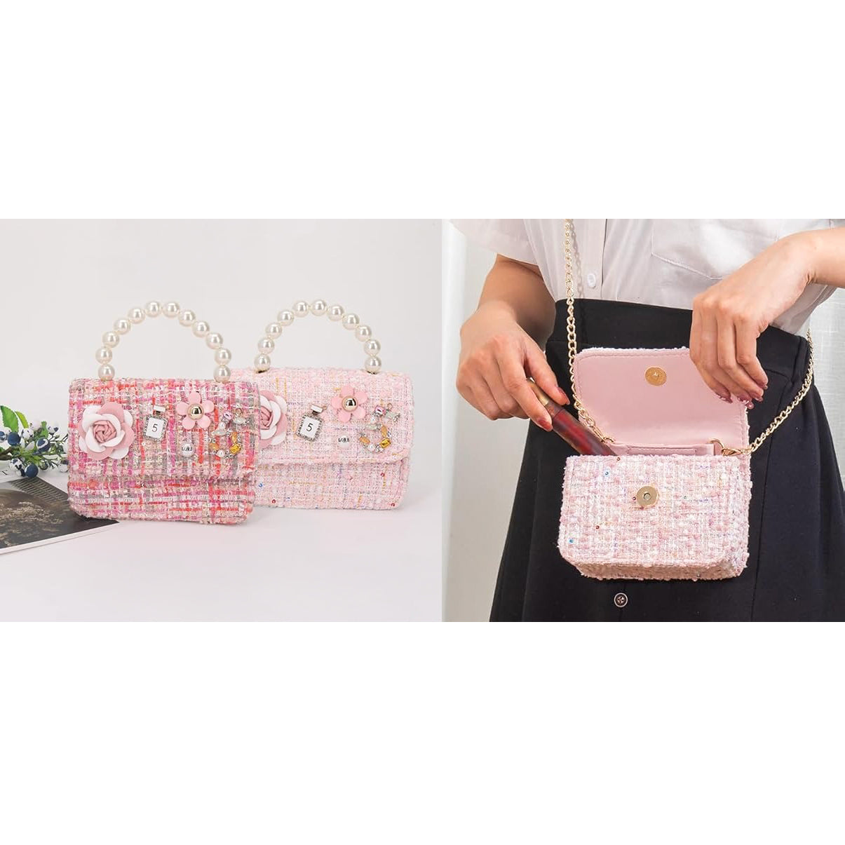 Two pink tweed purses, one opened with a red lipstick being placed inside.