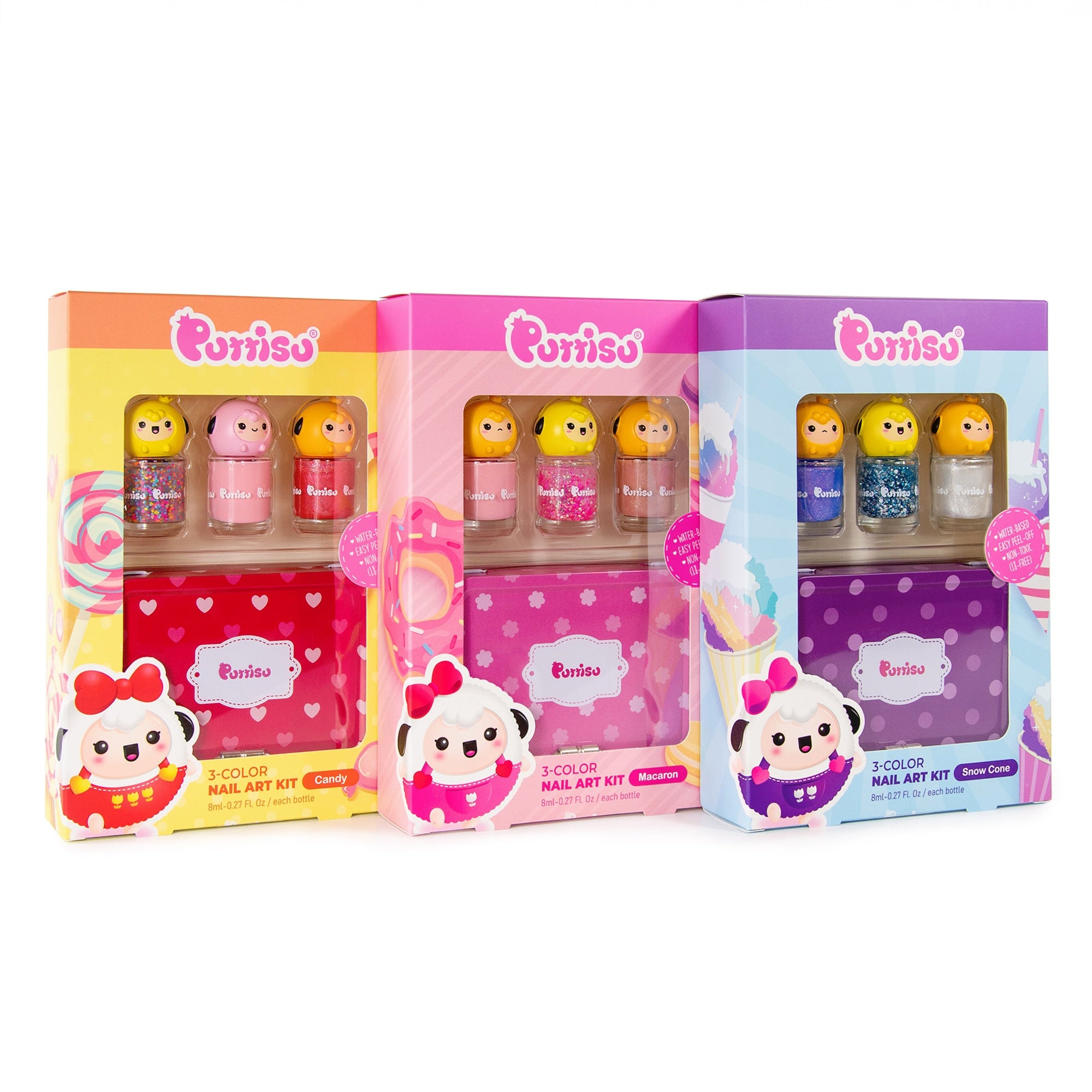 Three nail art kits in colorful packaging with sheep characters and nail polish bottles.